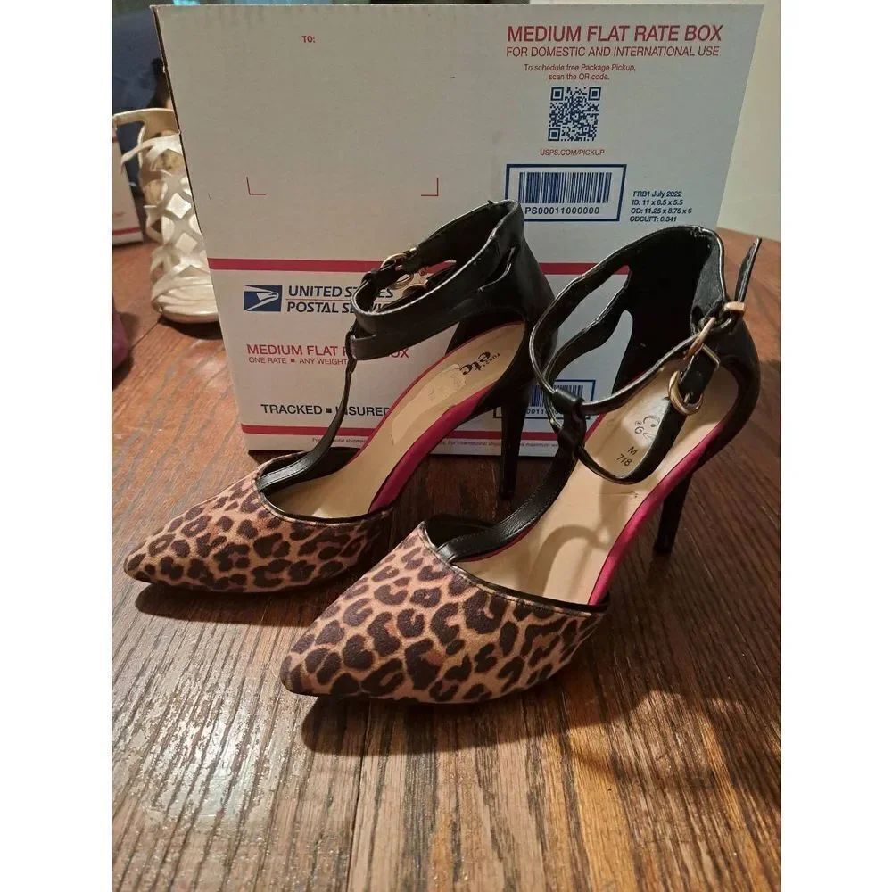 Medium 7/8 Rue 21 Ect! Black Leopard Cheetah Red Stiletto Pump High Heel Shoes